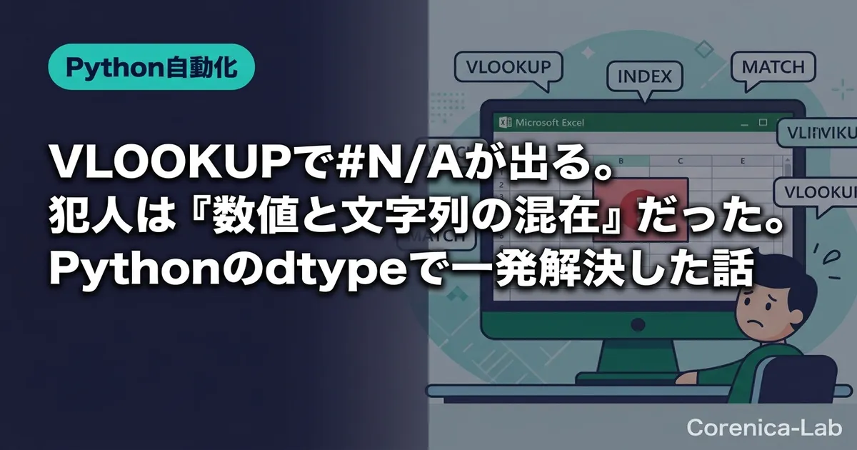 VLOOKUPで#N/Aが出る。犯人は『数値と文字列の混在』だった。Pythonのdtypeで一発解決した話のアイキャッチ画像(Python自動化)