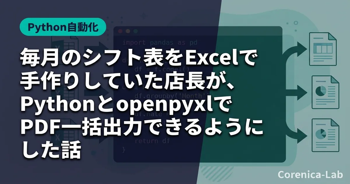 毎月のシフト表をExcelで手作りしていた店長が、PythonとopenpyxlでPDF一括出力できるようにした話のアイキャッチ画像（Python自動化）