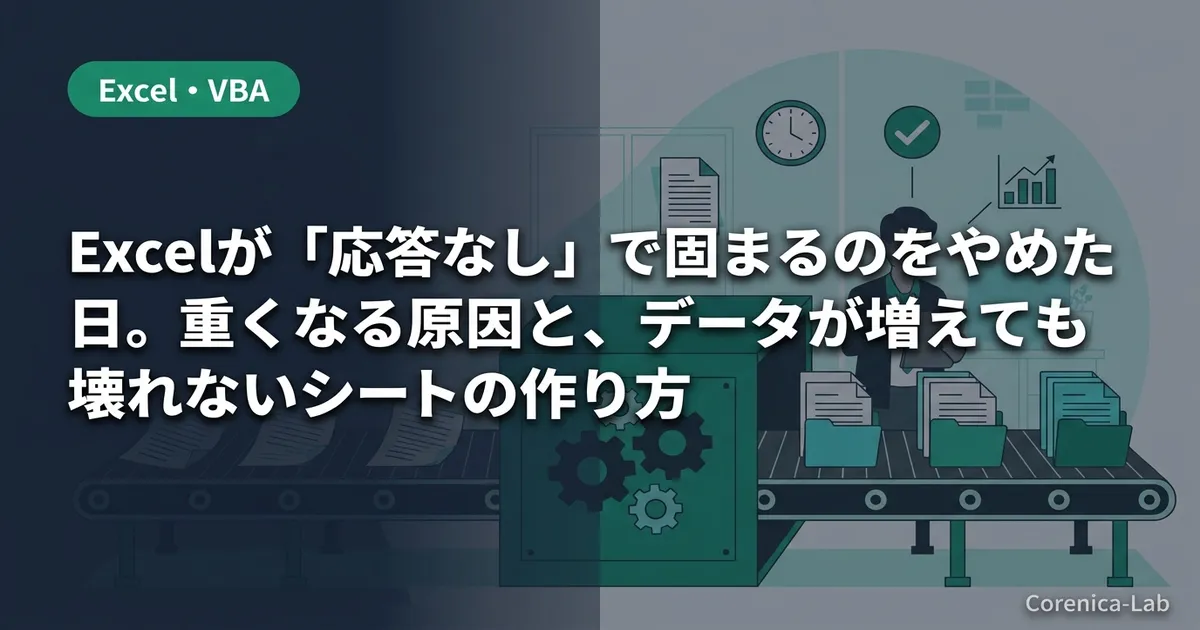 Excelが「応答なし」で固まるのをやめた日。重くなる原因と、データが増えても壊れないシートの作り方のアイキャッチ画像（Excel・VBA）