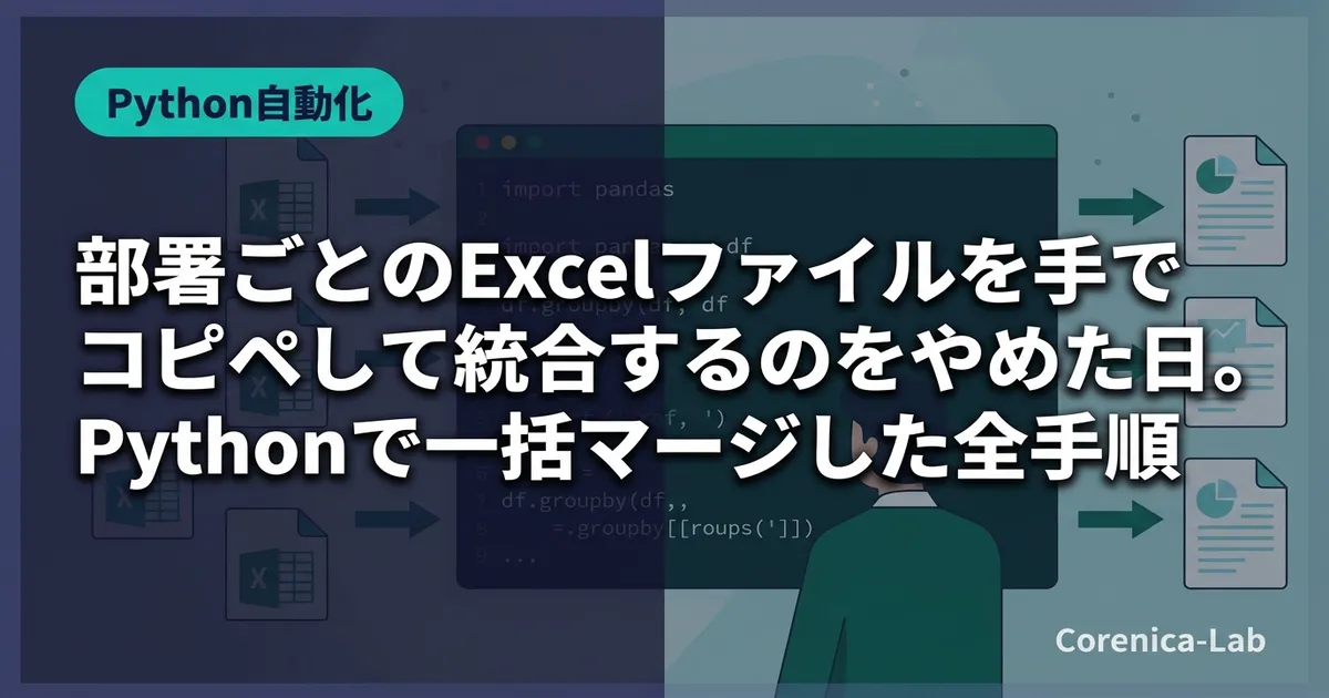 部署ごとのExcelファイルを手でコピペして統合するのをやめた日。Pythonで一括マージした全手順のアイキャッチ画像（Python自動化）