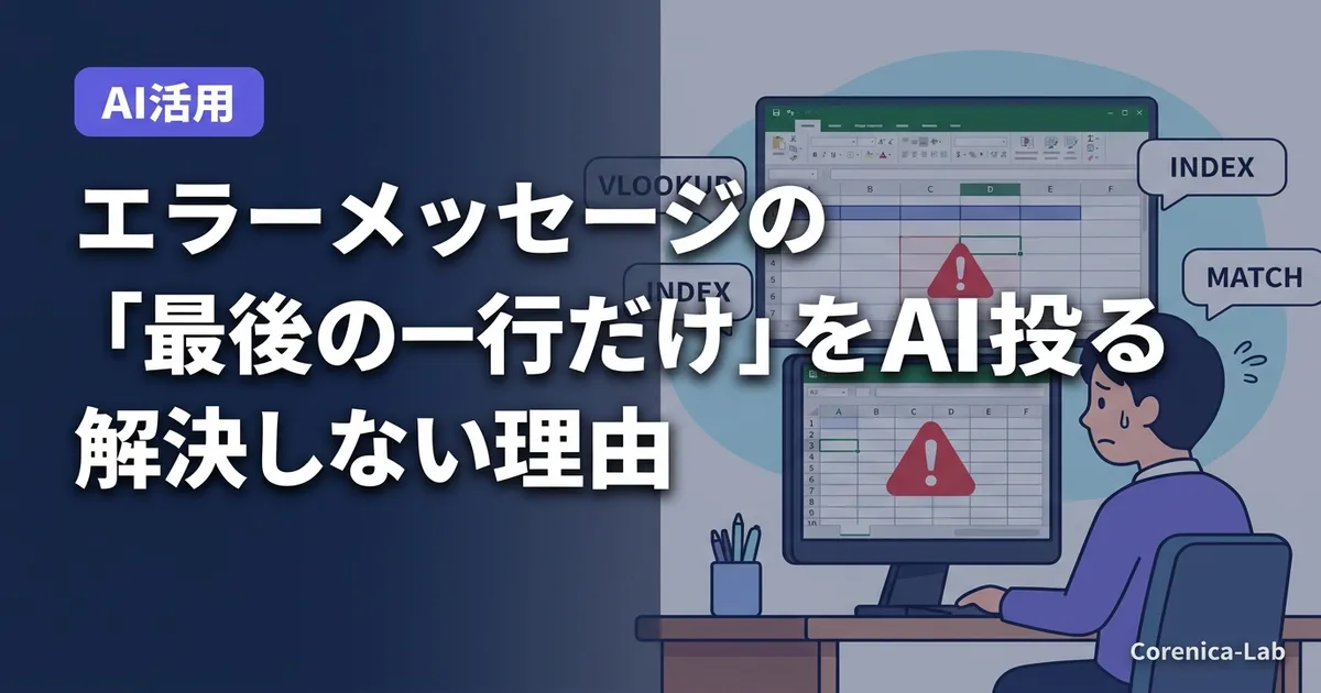 エラーメッセージの「最後の一行だけ」をAIに投げると解決しない理由のアイキャッチ画像（AI活用）
