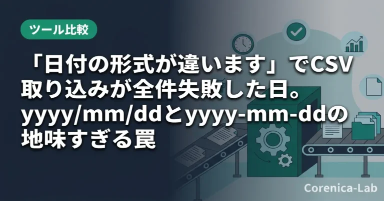 「日付の形式が違います」でCSV取り込みが全件失敗した日。yyyy/mm/ddとyyyy-mm-ddの地味すぎる罠のアイキャッチ画像（ツール比較）