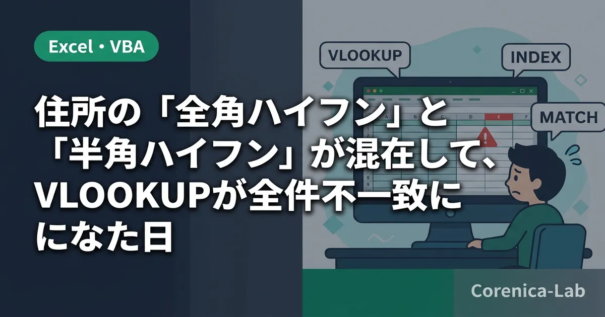 住所の「全角ハイフン」と「半角ハイフン」が混在して、VLOOKUPが全件不一致になった日のアイキャッチ画像（Excel・VBA）