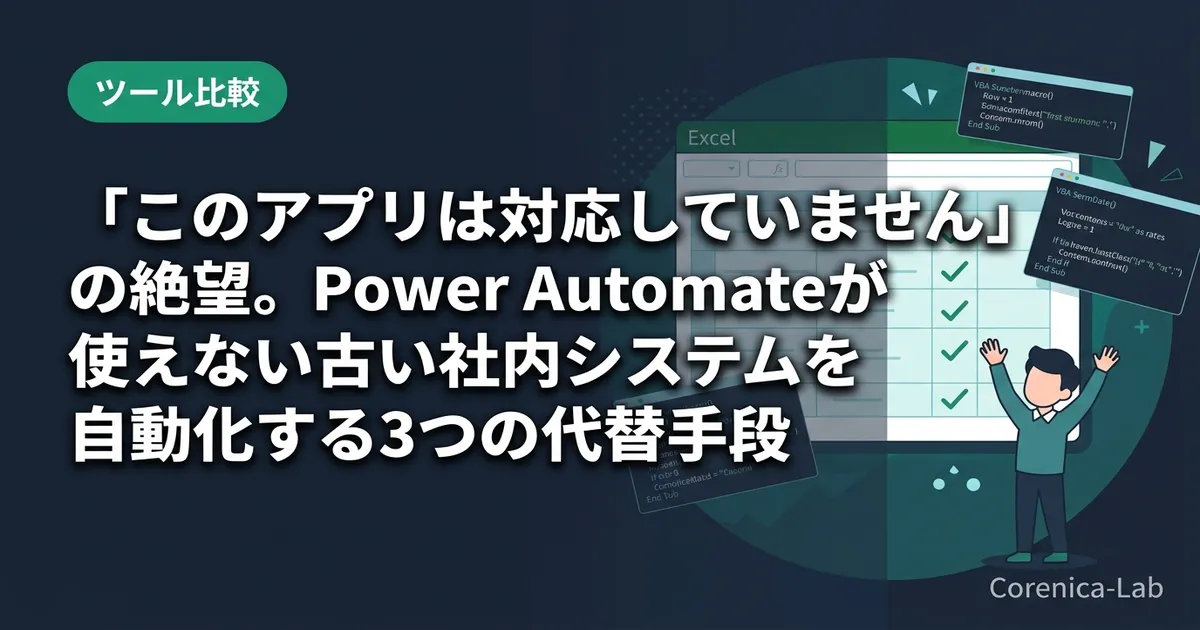 「このアプリは対応していません」の絶望。Power Automateが使えない古い社内システムを自動化する3つの代替手段のアイキャッチ画像（ツール比較）