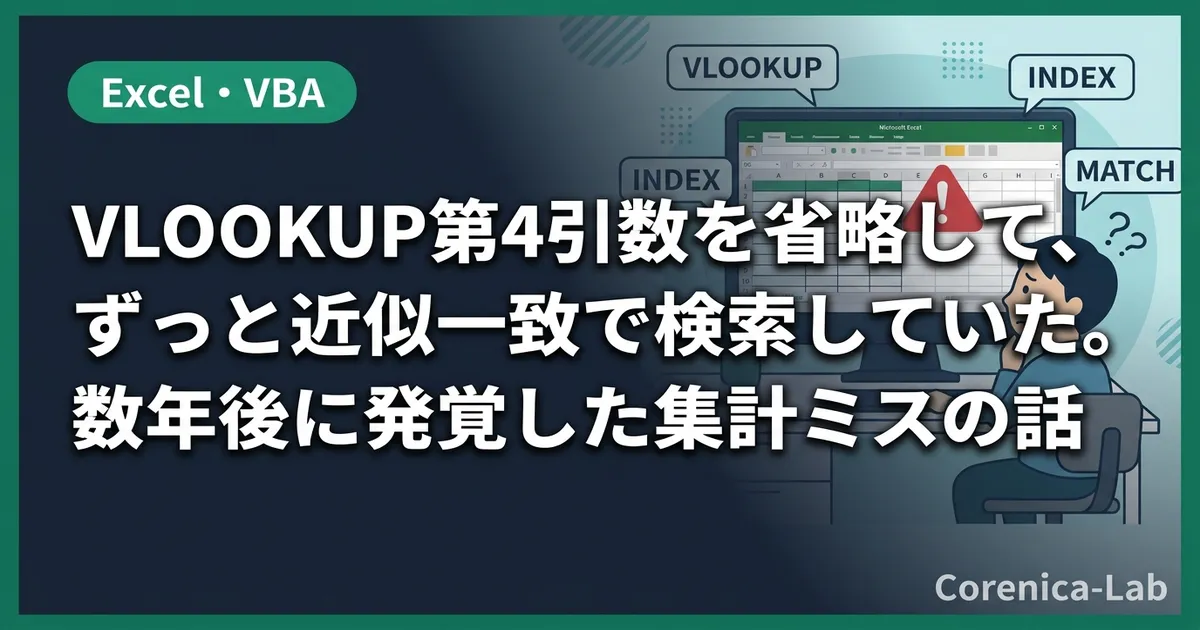 VLOOKUP第4引数を省略して、ずっと近似一致で検索していた。数年後に発覚した集計ミスの話のアイキャッチ画像(Excel・VBA)
