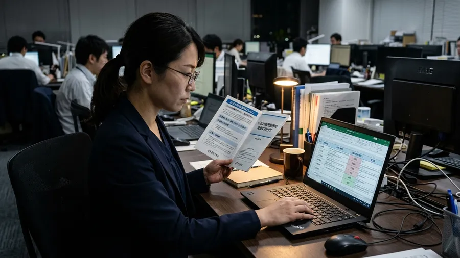 薄暗いオフィスのデスクでの様子を撮りました。厚生労働省の「公正な採用選考」に関する日本語パンフレットを読んでいます。同時にExcelの項目を見直している場面になります。realistic photo style