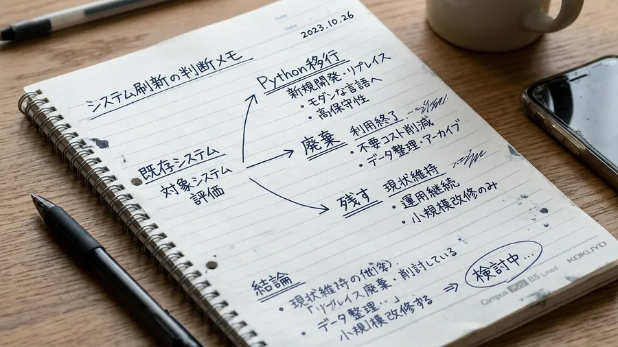 ノートに手書きで「Python移行・廃棄・残す」と3択の判断メモが書かれている。日本語の走り書き。realistic photo style