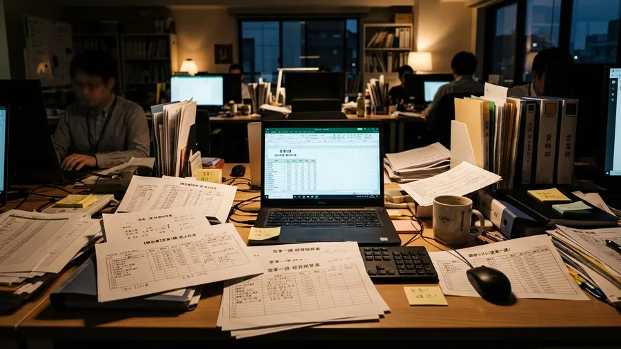複数の異なるフォーマットのExcelファイルがデスクトップに散乱し、それぞれに「営業一課」や「営業1課」という日本語の文字が見える。薄暗いオフィス。realistic photo style