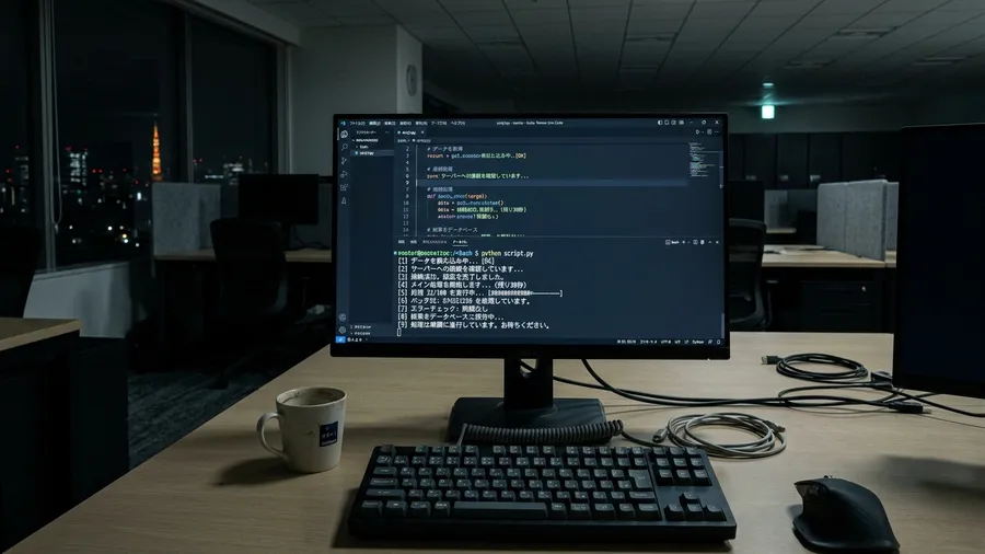 夜の静かなオフィスで、デスクの上のモニターに日本語のメッセージが表示されたPythonの実行画面が映り、1行ずつ処理が進んでいる様子。realistic photo style