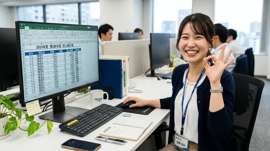 新人さんが笑顔で作業を終え、OKサインを出しているデスクの風景。画面には整ったExcelシートが表示されており、日本語の表が確認できる。realistic photo style