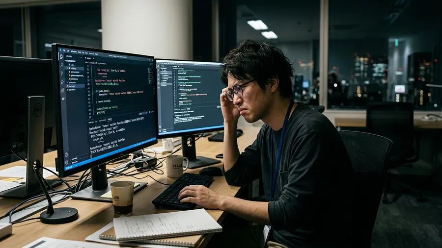 薄暗いオフィスの事務職員の姿です。画面には日本語のエラーメッセージが表示されています。難解な1行コードも映っているのが分かります。書類が散乱している様子も確認できるでしょう。realistic photo style