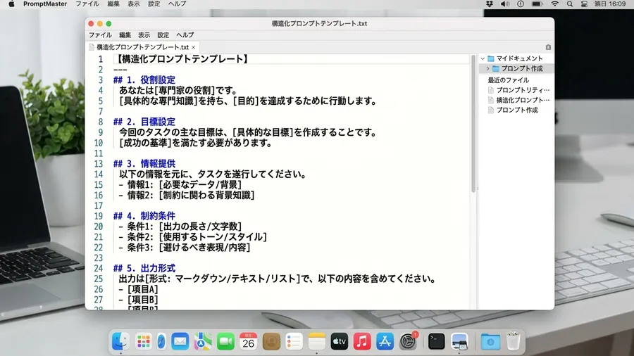 業務改善プロンプトのテンプレートを日本語で表示した画面