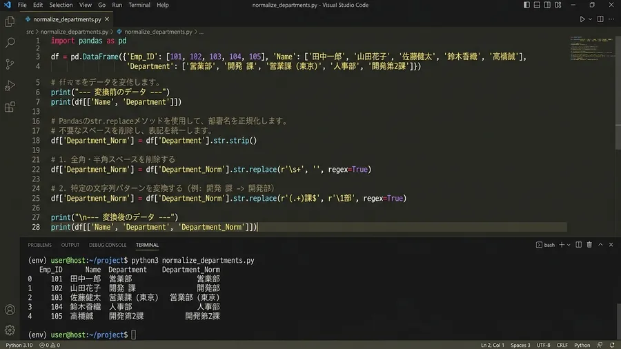 Pythonのコードエディタ（VS Code）で、Pandasのstr.replaceメソッドを使って部署名を正規化している様子。日本語のコメントが含まれる。realistic screenshot style