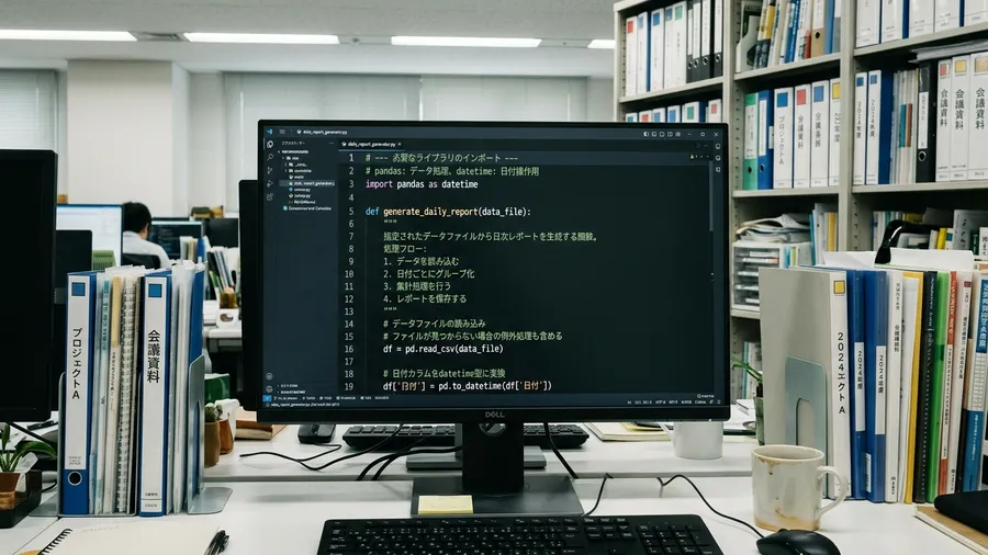 日本語のコメントが入ったPythonコードの画面です。処理の内容が分かりやすく解説されています。背景にはチームで使う共有ファイルの棚が見えます。realistic screenshot style