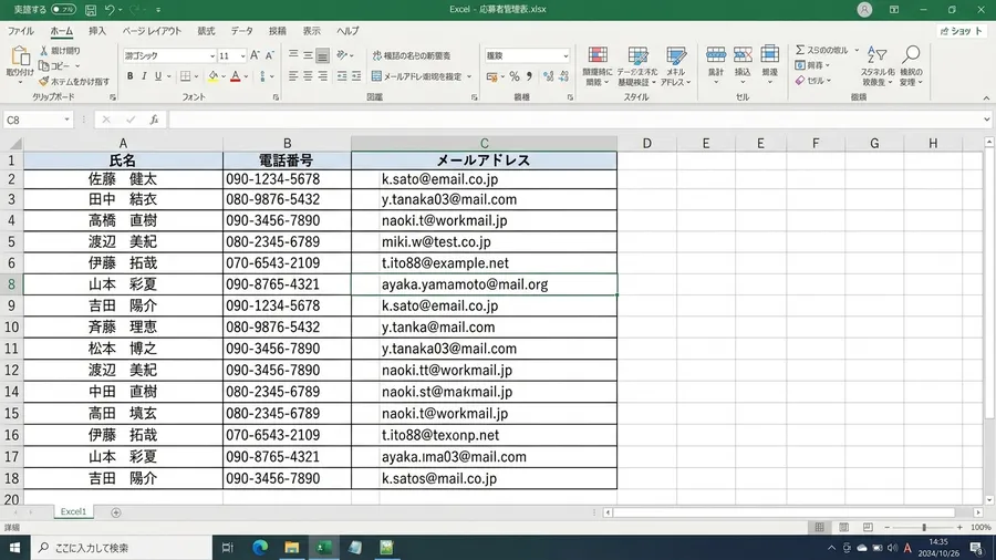 進捗列がない応募者名簿のExcel画面（日本語）