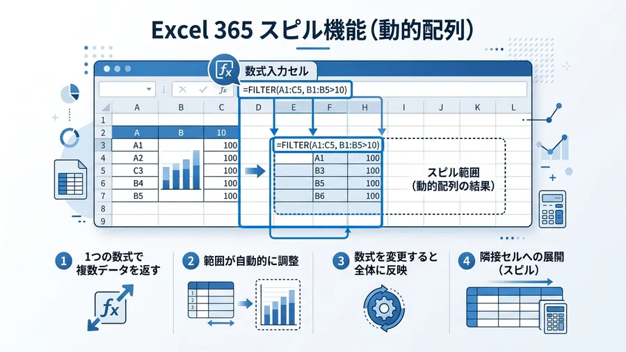 Excel 365の動的配列（スピル）の仕組みを示すイメージ図