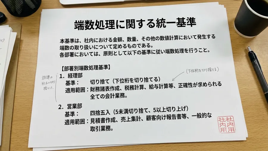 会社で策定された端数処理の統一ルール一覧（日本語）。