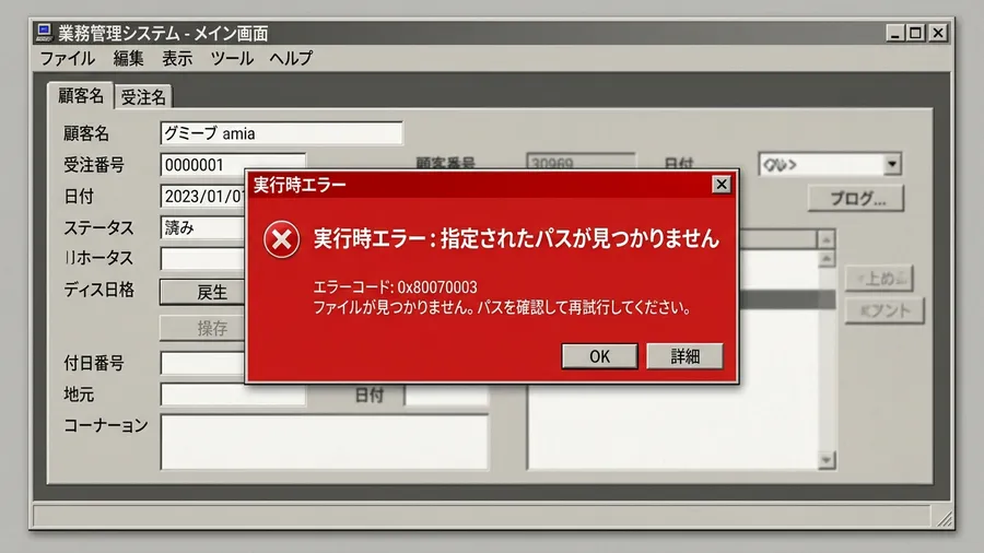 日本語で「実行時エラー：指定されたパスが見つかりません」という真っ赤なダイアログが表示された、2000年代のレガシーな業務システム画面。UI mockup style
