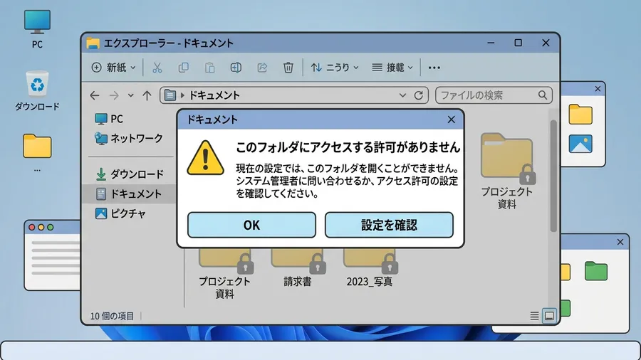 日本語インターフェースのWindowsエクスプローラーで、フォルダを開こうとした際に「アクセス許可がありません」という警告文が出ている画面。UI mockup style
