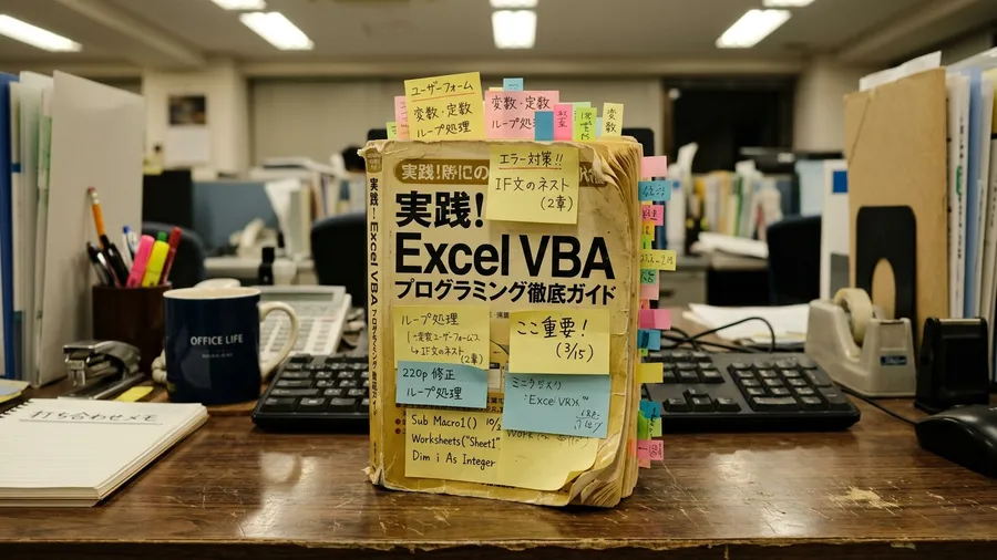 古びたExcel VBA参考書が付箋だらけで机に置かれている。日本語の書名が見える。realistic photo style