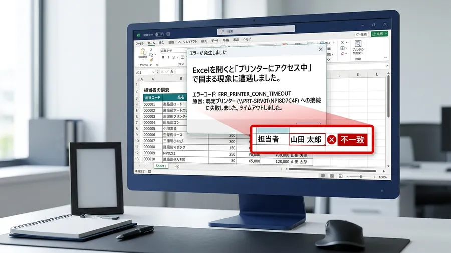 日本語のWindows環境。薄暗いオフィスで、タスクマネージャーが「応答なし」の