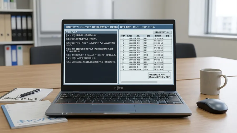 二台のノートパソコンが並んでいる。一台はExcelが固まり、もう一台は正常に表示