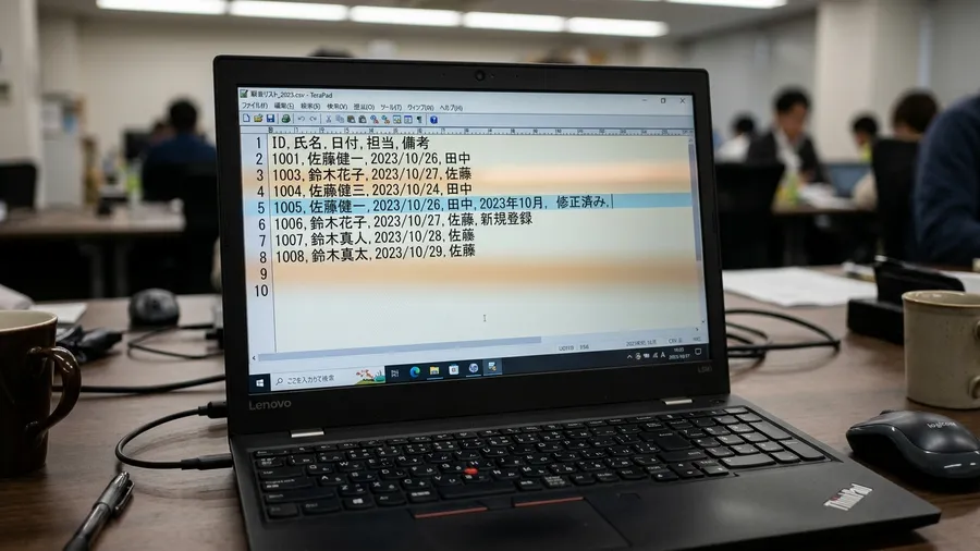 日本語のテキストエディタでCSVファイルを開き、備考欄のカンマによって列がずれて