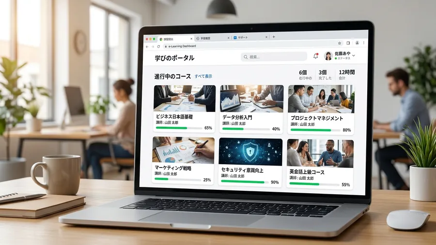 日本語インターフェースの学習管理画面。進捗バーが鮮やかな緑色で表示され、各カリキ