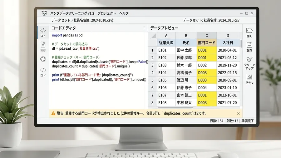 日本語のコメントが入ったPythonコードの画面。df.duplicated()