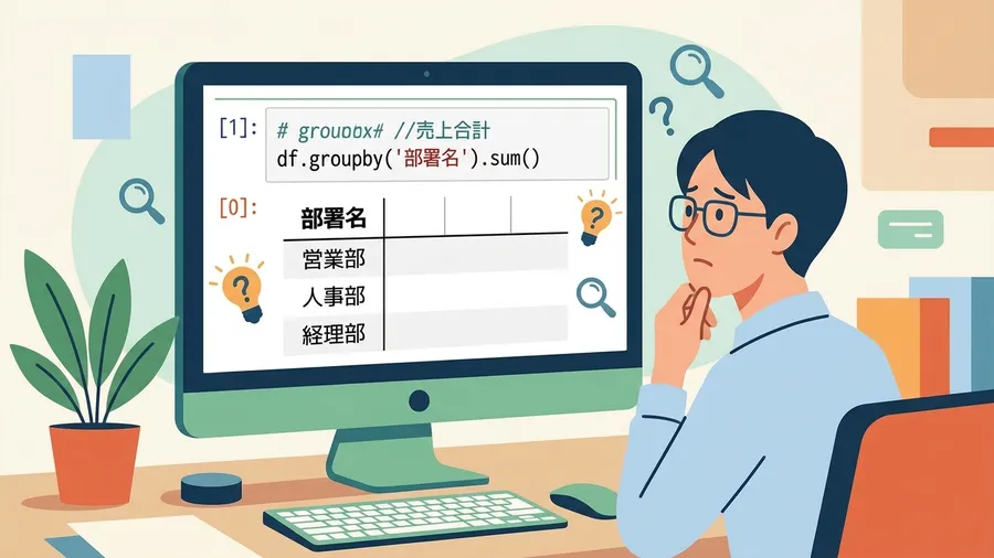 集計結果が表示されているが、数値列が含まれずインデックスだけが並ぶ。日本語の部署