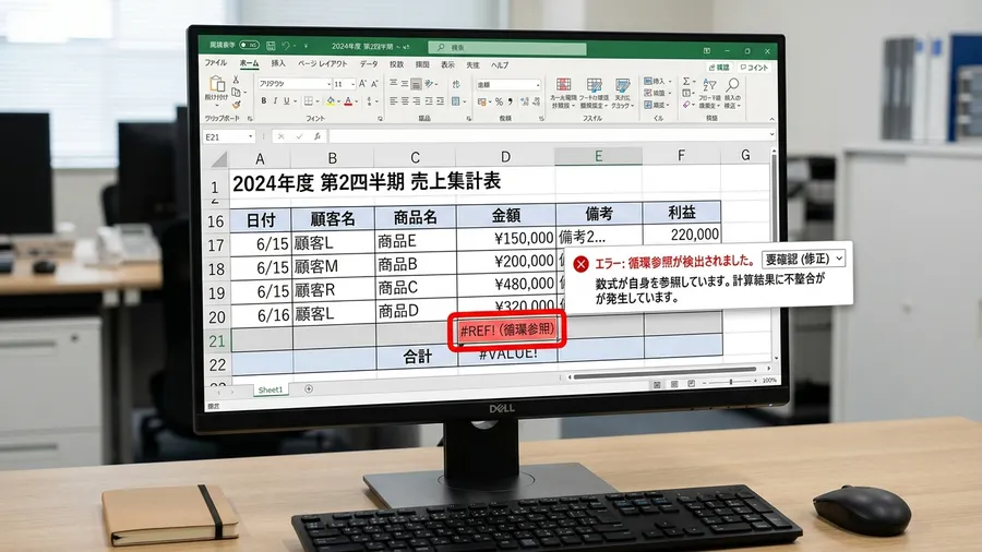 薄暗いオフィスで、日本語のExcel画面中央に「循環参照が発生しています」という