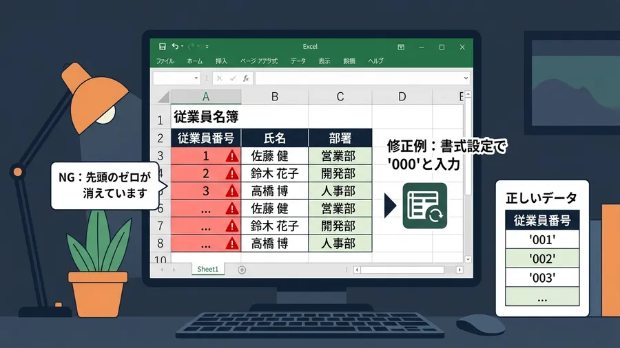 Excelのシート上で、A列に従業員番号の「1」「2」「3」が並んでいる。本来は