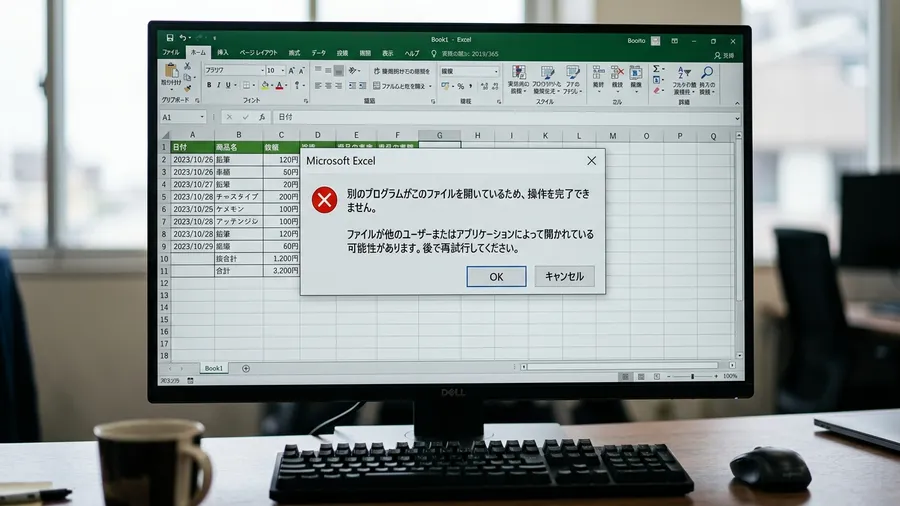 Excelの緑色の画面が大きく開いている。手前にWindowsのシステムエラーダ
