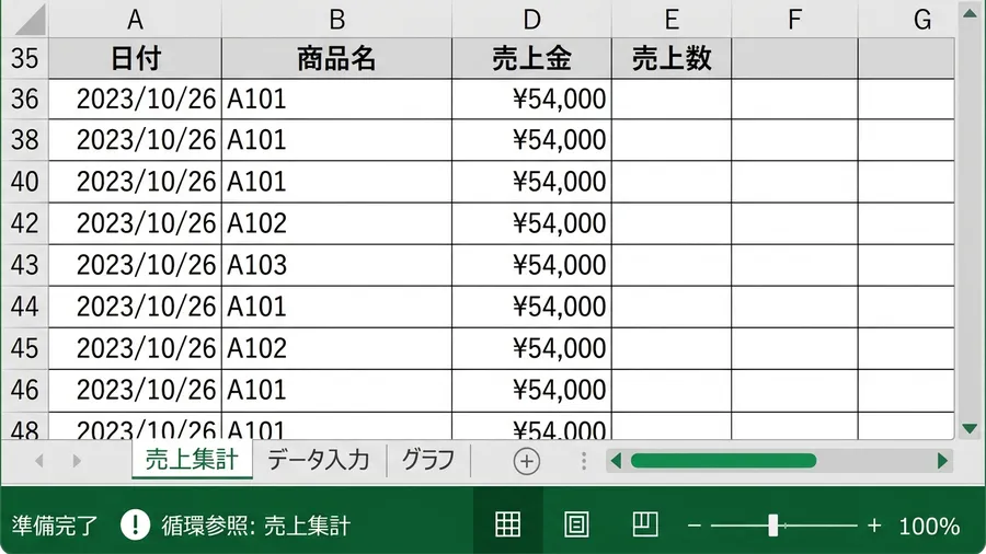 Excel画面の左下、ステータスバーの部分を拡大した画像。「準備完了」の右側に、