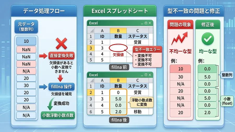日本語の文字が含まれるExcel画面。整数の列が勝手に小数として認識されてしまっ