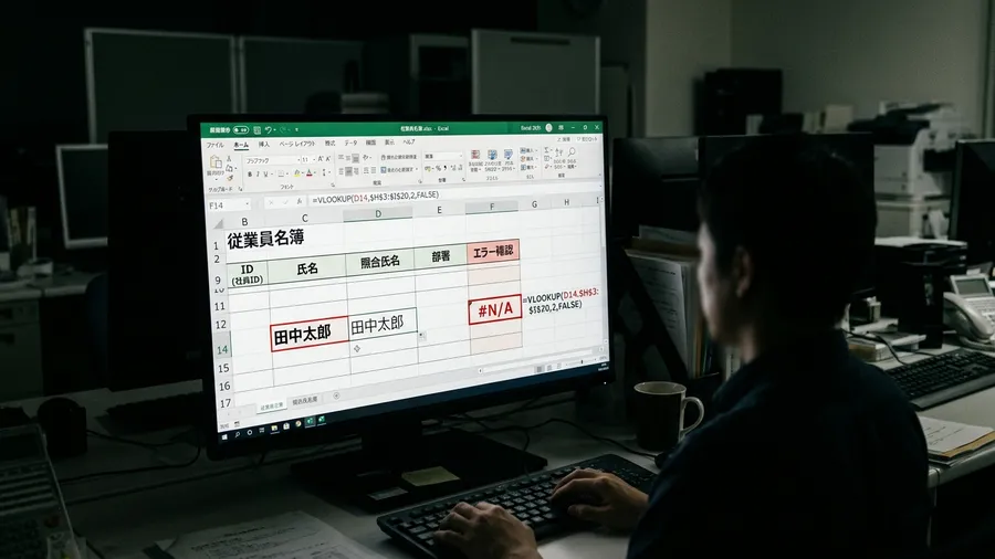 ExcelでVLOOKUP関数のエラー表示です。隣のセルには同じに見える日本語の