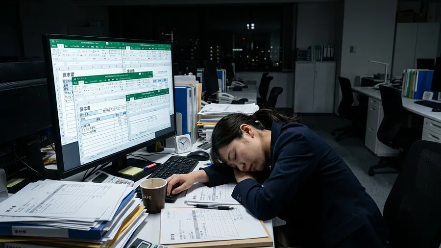 疲れ果てた経理担当者が机に突っ伏しており、モニターには「請求書」と書かれたExcelのウィンドウが無数に開いている。取引先名の入力欄が中途半端に埋まっている。薄暗いオフィス。realistic photo style。日本語テキストを含む画面