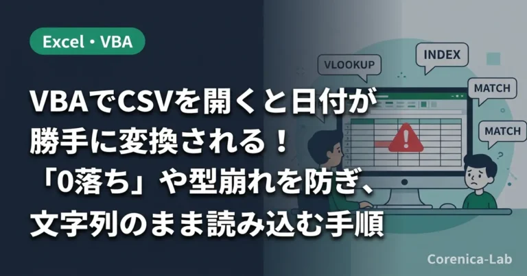 VBAでCSVを開くと日付が勝手に変換される!「0落ち」や型崩れを防ぎ、文字列のまま読み込む手順