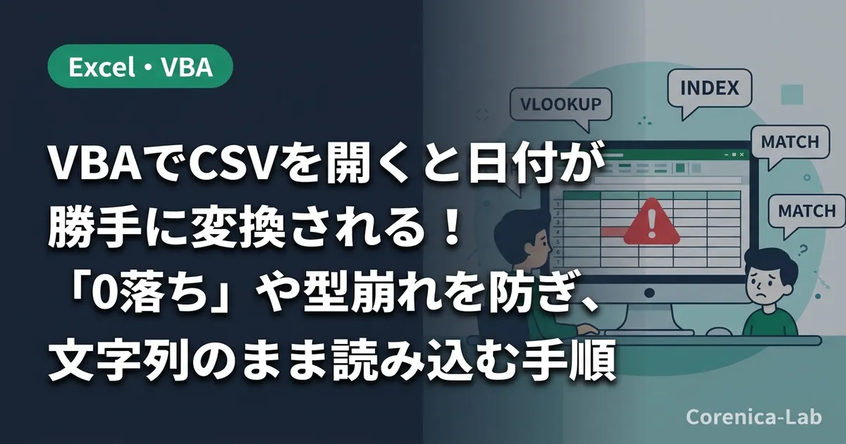 VBAでCSVを開くと日付が勝手に変換される！「0落ち」や型崩れを防ぎ、文字列のまま読み込む手順