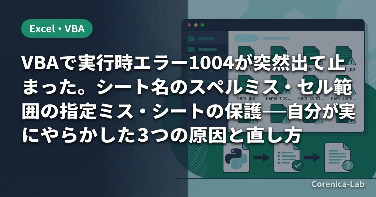VBAで実行時エラー1004が突然出て止まった。シート名のスペルミス・セル範囲の指定ミス・シートの保護──自分が実際にやらかした3つの原因と直し方