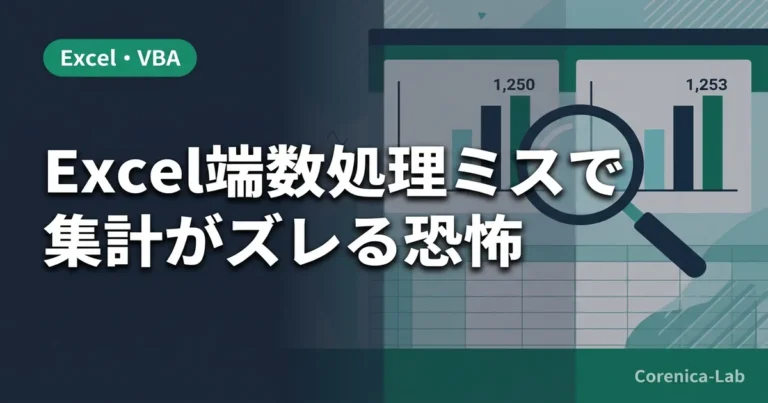 Excelの端数処理ズレをテーマにしたプロフェッショナルなアイキャッチ（フラットデザイン・日本語）