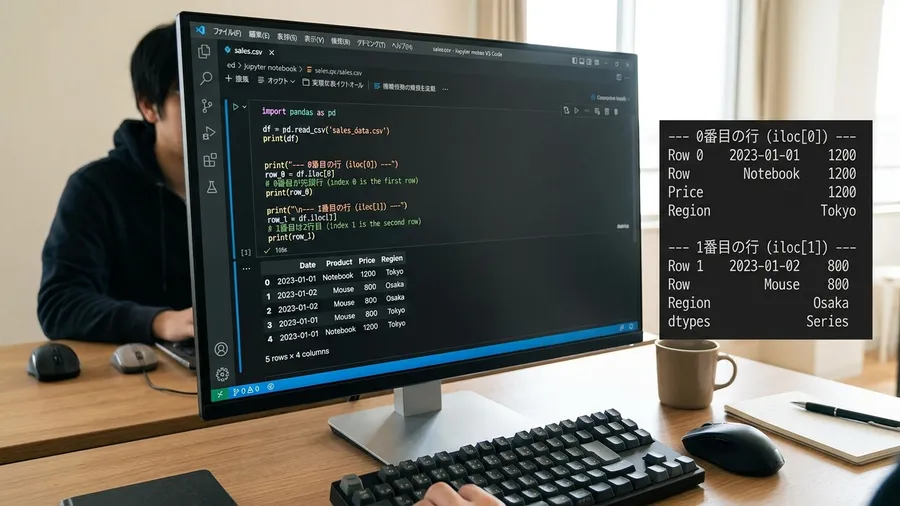 Pythonコードでiloc[0]とiloc[1]の違いを確認している画面。日本