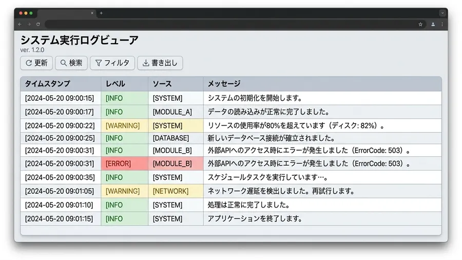 実行ログファイルの内容。日本語で「処理を開始します」「〇〇さんのデータを読み込み中...」「[警告] 金額がマイナスです」といったメッセージがタイムスタンプ付きで並んでいる。UI mockup style。日本語テキストを含む画面