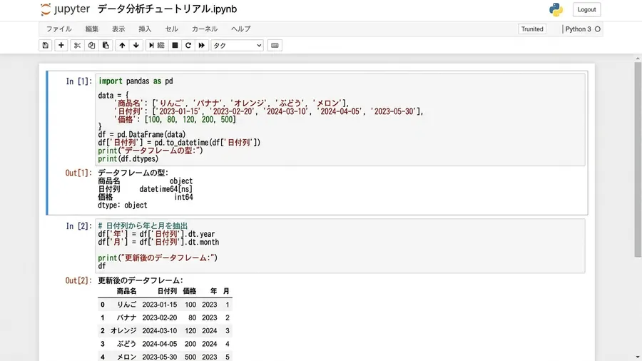 日本語インターフェースのJupyter Notebookの出力画面。df.dty
