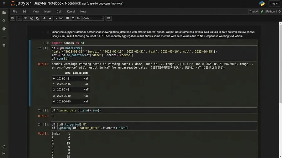 日本語インターフェースのJupyter Notebookの出力画面。errors