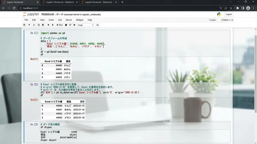 日本語インターフェースのJupyter Notebookで、Excelシリアル値