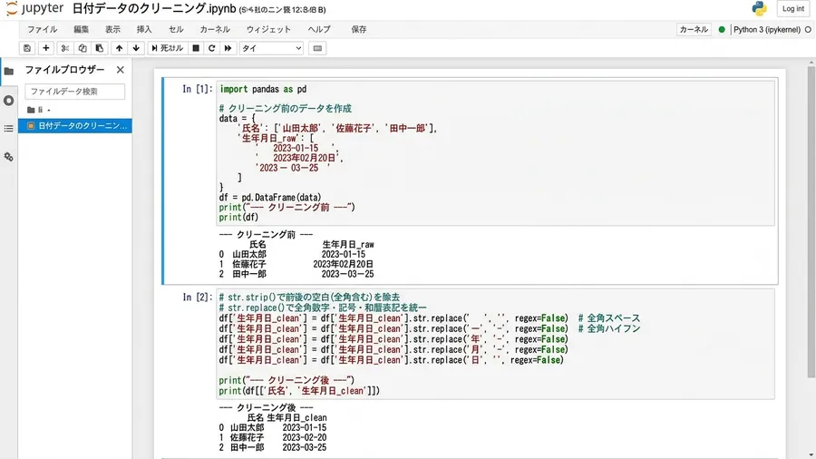 日本語インターフェースのJupyter Notebookで、str.strip(