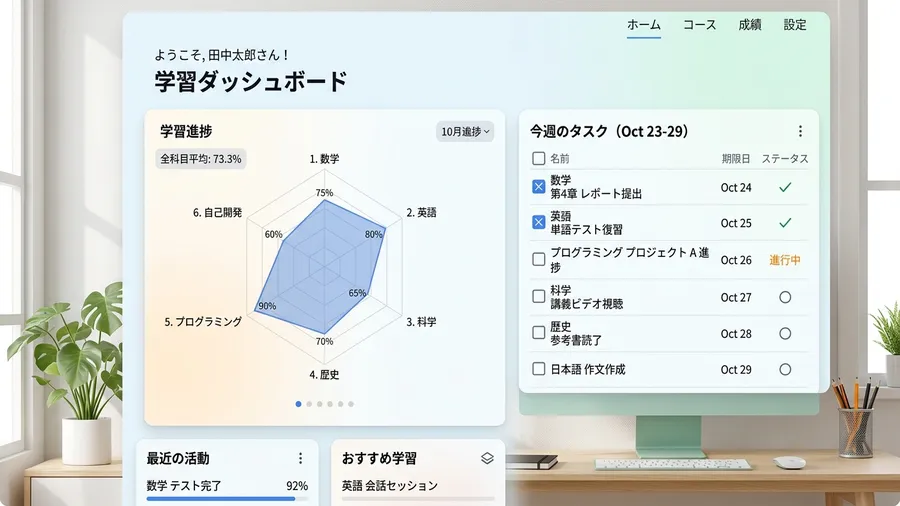 日本語の学習進捗グラフが表示されたスクールのダッシュボード画面。自分の弱点がレー