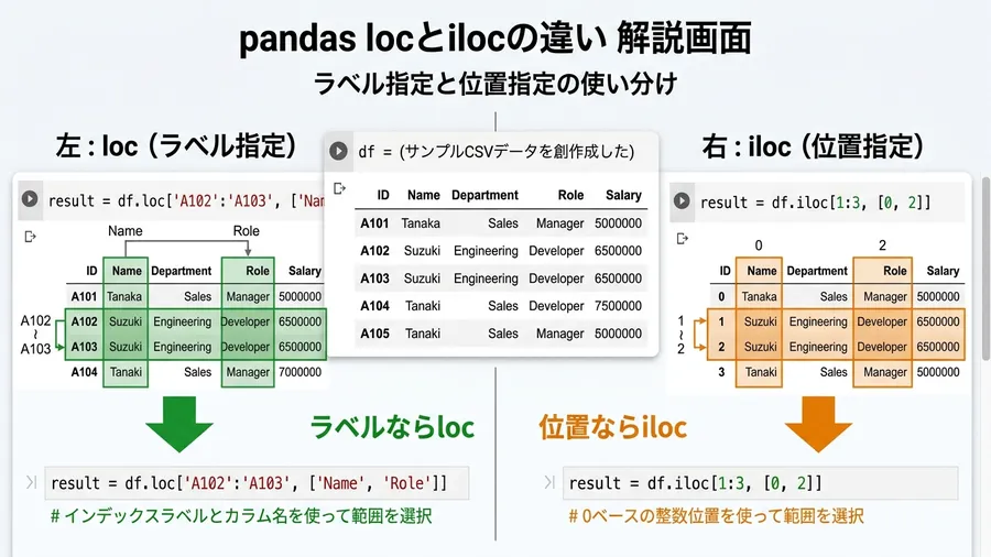 locとilocの違いを同じDataFrameで比較している画面。日本語コメント