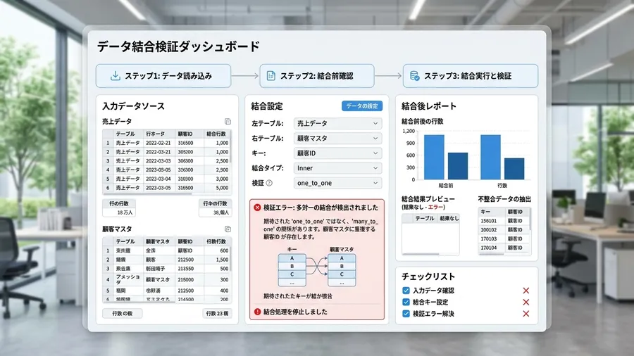 日本語のVS Code画面。merge関数の中で validate='many_